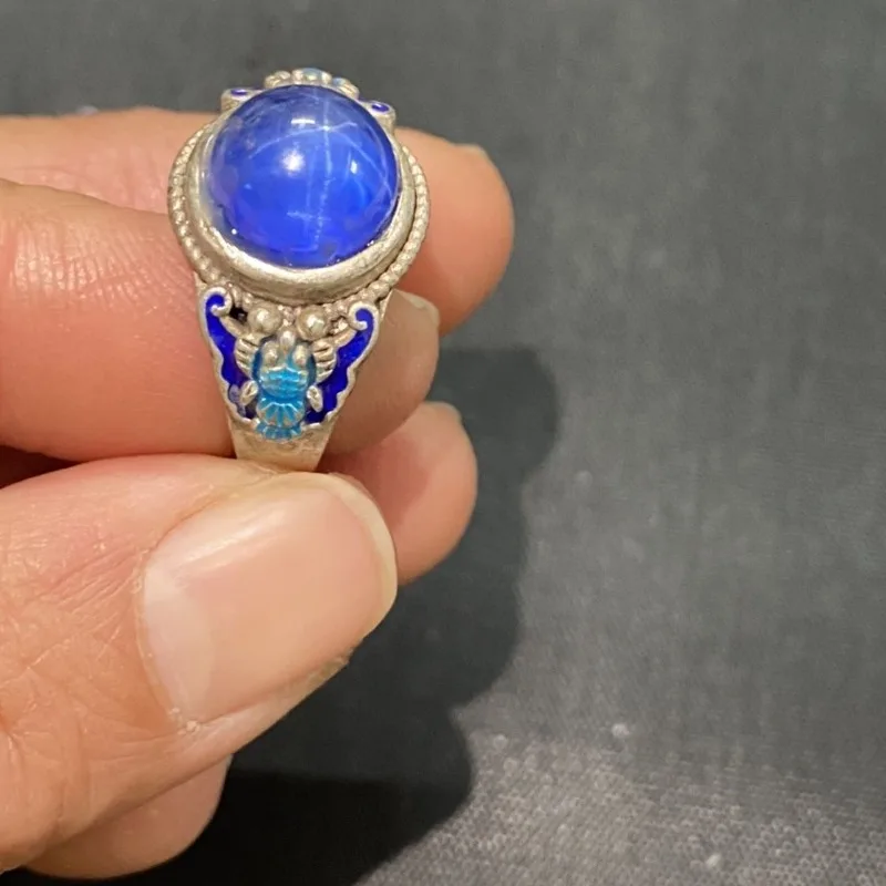 

Ethnic Cloisonne Open Ring, Exquisite Blue Star Gem Inlay Design, Retro Stylish Daily Wearing Jewelry for Men Women