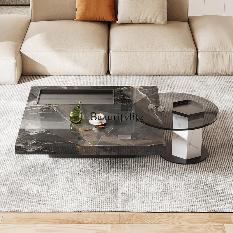 

Italian minimalist modern light luxury rock slab coffee table TV cabinet living room advanced solid wood 2025 new designer