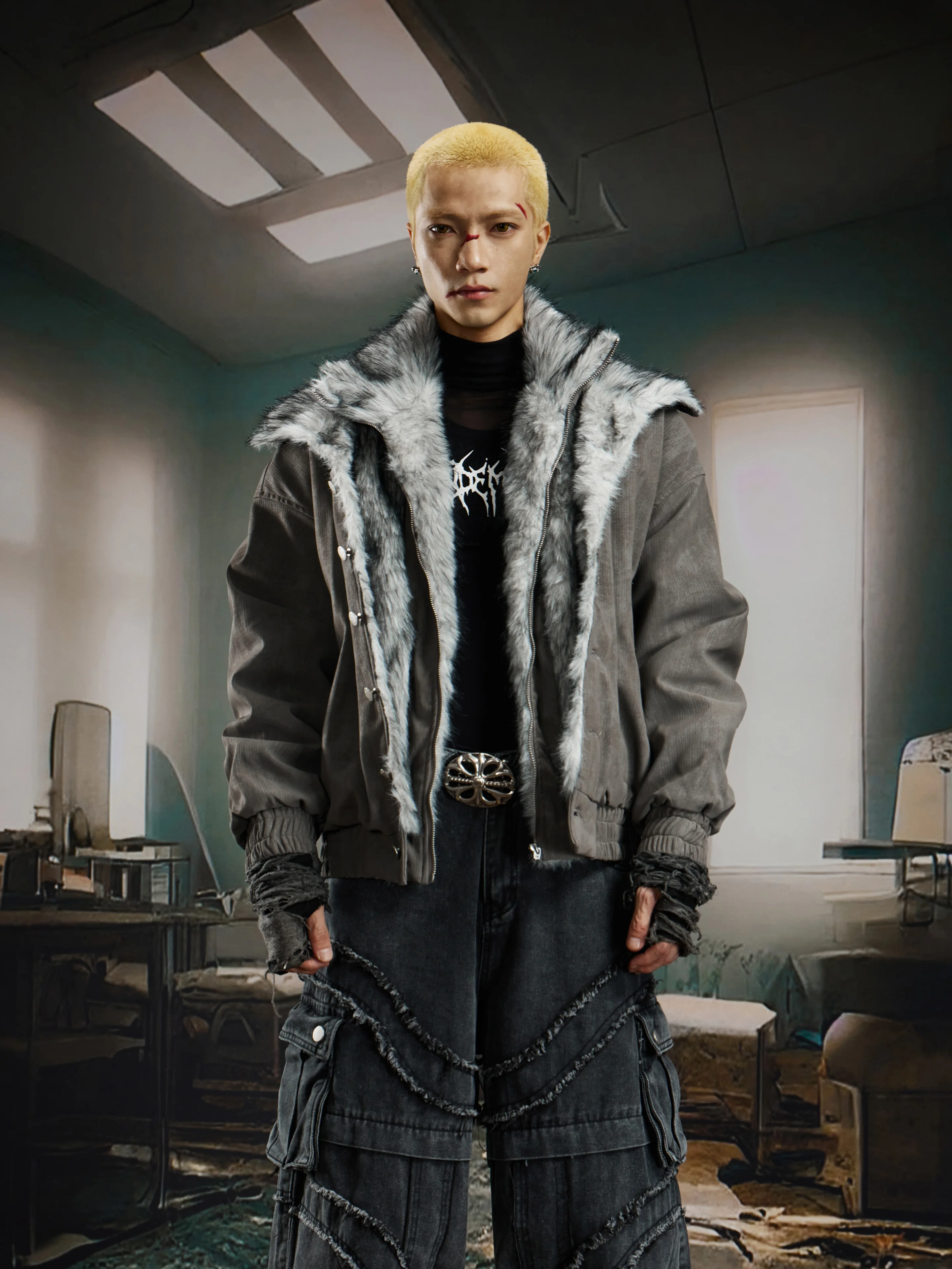 Fake Two-Piece Double-Layer Short Fur Collar Leather Jacket Cotton Clothing Coat Thickened