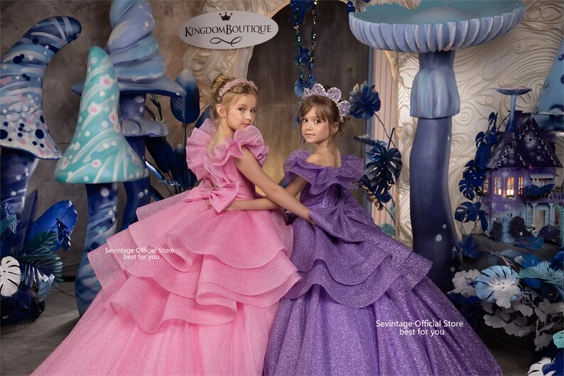 Robes de demoiselle d'honneur violettes pour filles, robe de Rhà plusieurs niveaux, robe de mariée personnalisée, robes de fête d'anniversaire pour enfants