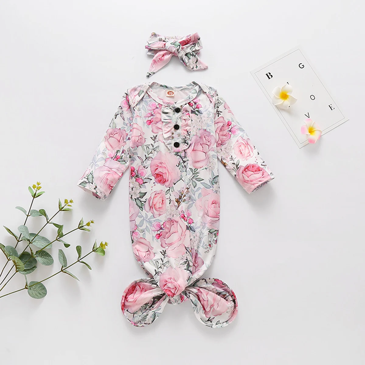 

Baby Girls Sleepwear Nightgown Floral Print Sleeping Bag Headband Set Knotted Gown for Newborn Girls Winter Outfit