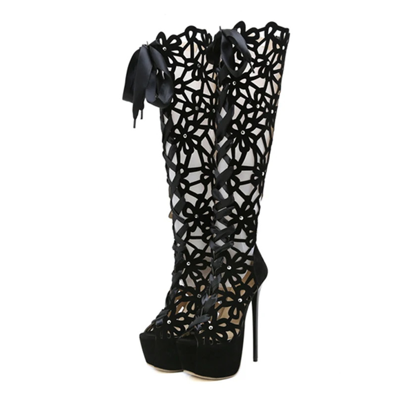 Liyke Thin High Heels Sexy Nightclub Hollow Out Narrow Band Over The Knee Boots Women Peep Toe Lace-Up Platform Shoes Sandals