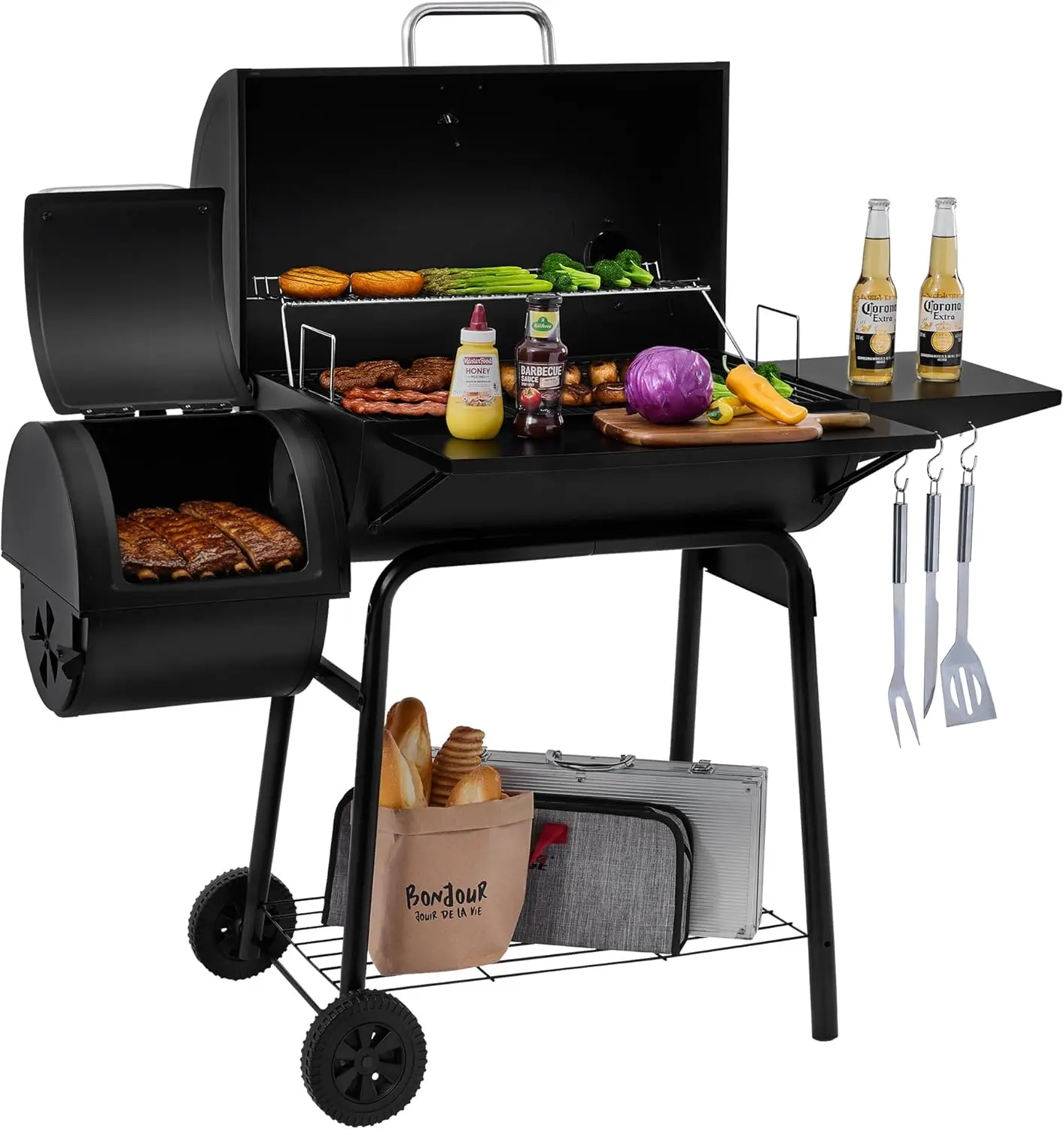 

Large 823 Sq In Charcoal Grill with Offset Smoker for Outdoor Camping & BBQ