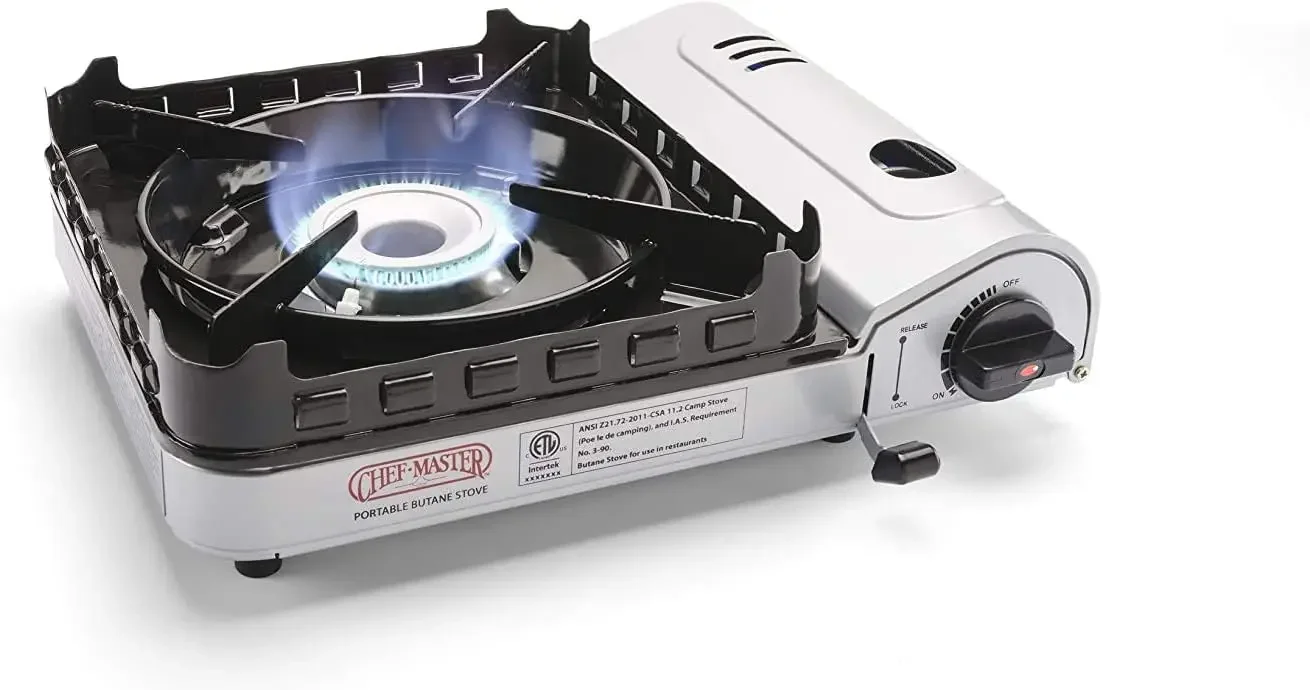 Chef Master #90019 Portable Butane Camping Stove: 15,000 BTU, Piezo ignition, double wind-guard for camping.