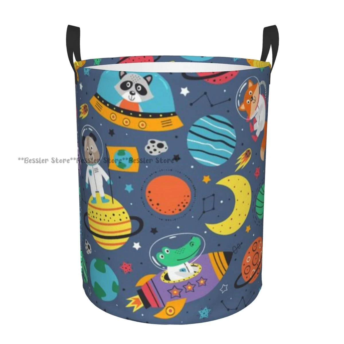 Folding Laundry Basket Crocodile Fox And Raccoon In Space Round Storage Bin Large Hamper Collapsible Clothes Bucket Organizer