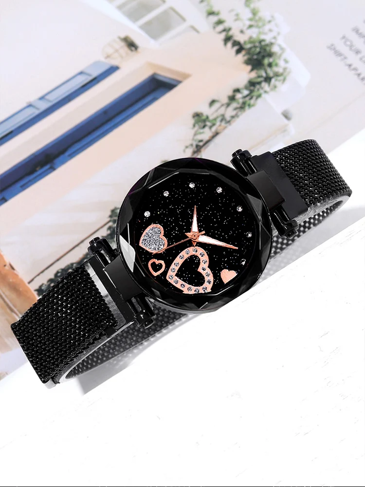 5pcs Women\'s Fashion Starry Sky Love Absorbent Iron Mesh with Quartz Watch+Bracelet Combination Set