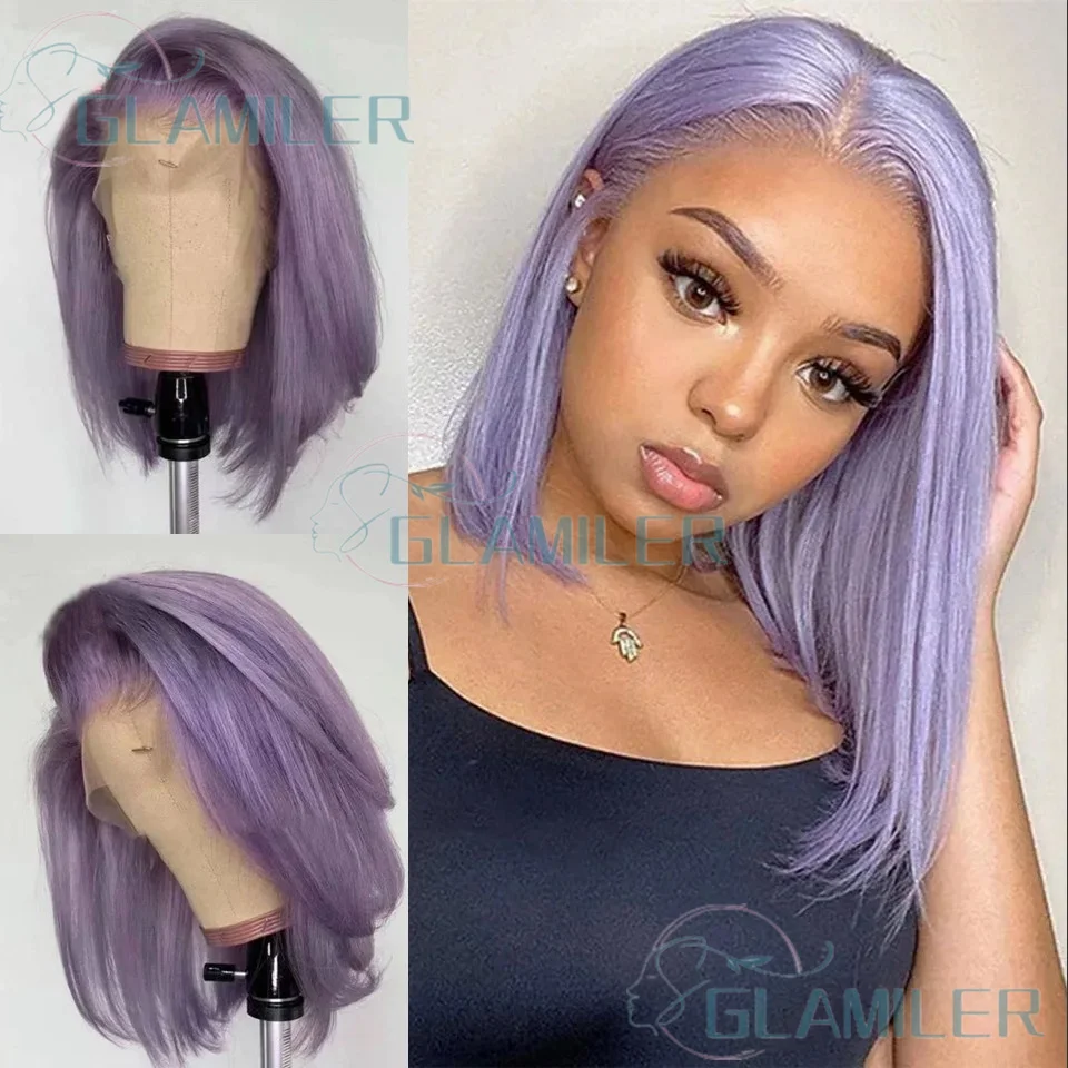 

Короткие парики из натуральных волос Светло-фиолетовый бесклеевой парик с расческами и ремешком 13x4 Парик фронта шнурка Предварительно выщипанный бразильский полный парик шнурка Боб