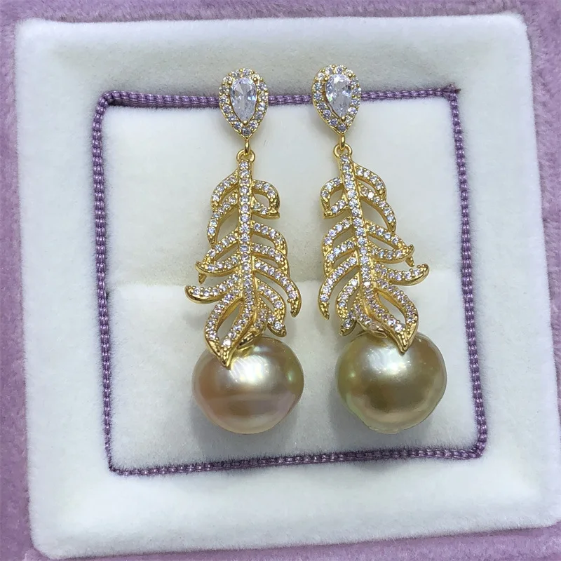 

round AAAA++++ 9-10mm 10-11mm 11-12mm 12-13mm Gorgeous Huge Round South Sea Golden Feather style earrings, pearl all over S925 s