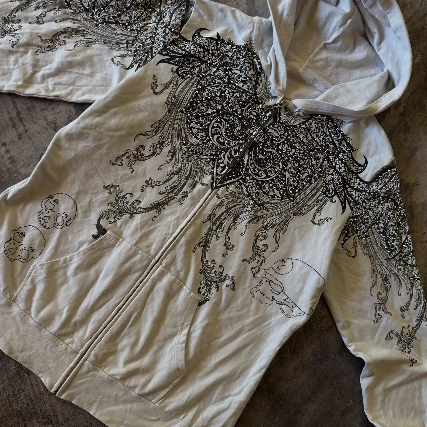 

Готический уличный стиль: худи Y2K с белым ретро-узором, оверсайз, на молнии, женская, в стиле хип-хоп, повседневная толстовка