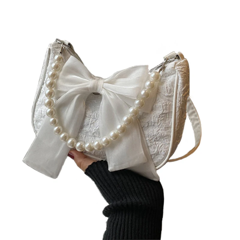 Fashionable and portable bow single shoulder pearl bag with 1 detachable pearl strap