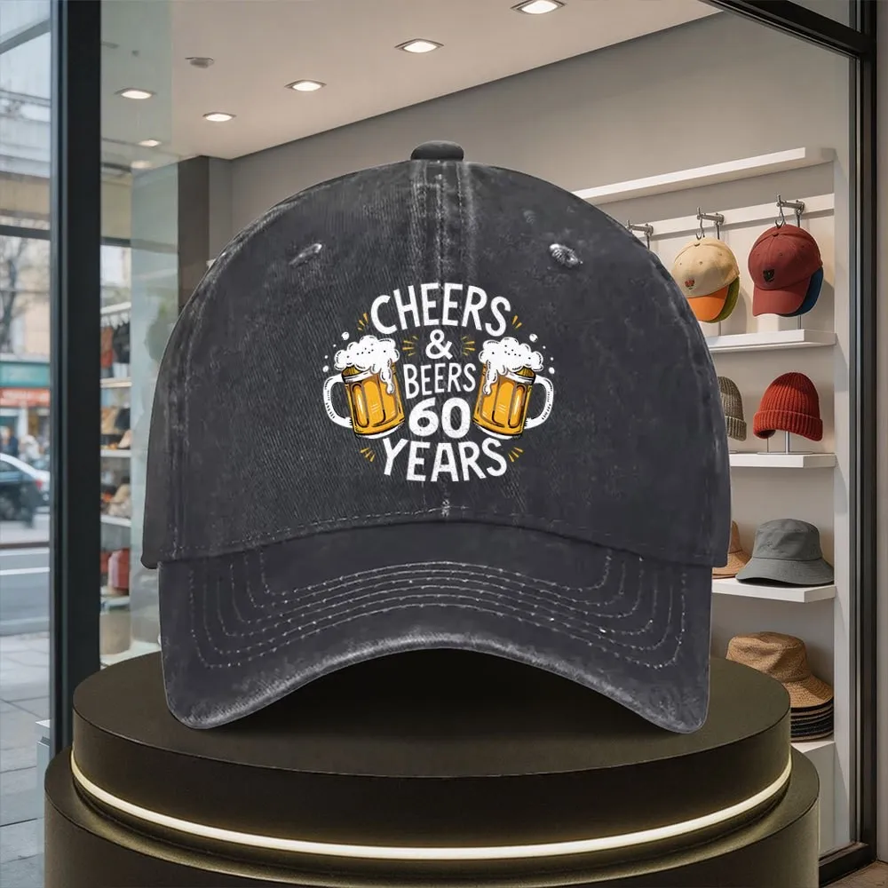Cheers & Beers 60 Years Baseball Cap, Washed Cotton Unisex Birthday Gift for All Seasons Outdoor Casual