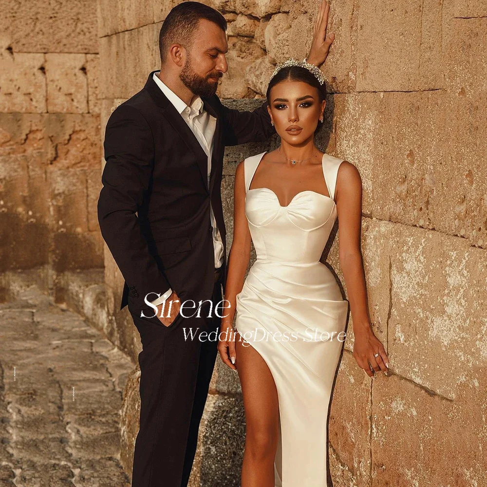 Sirene Sexy Mermaid Spaghetti Straps abiti da sposa in raso Sweetheart Hig fessura lunghezza del pavimento abito da sposa pieghettato Vestidos De Noiva