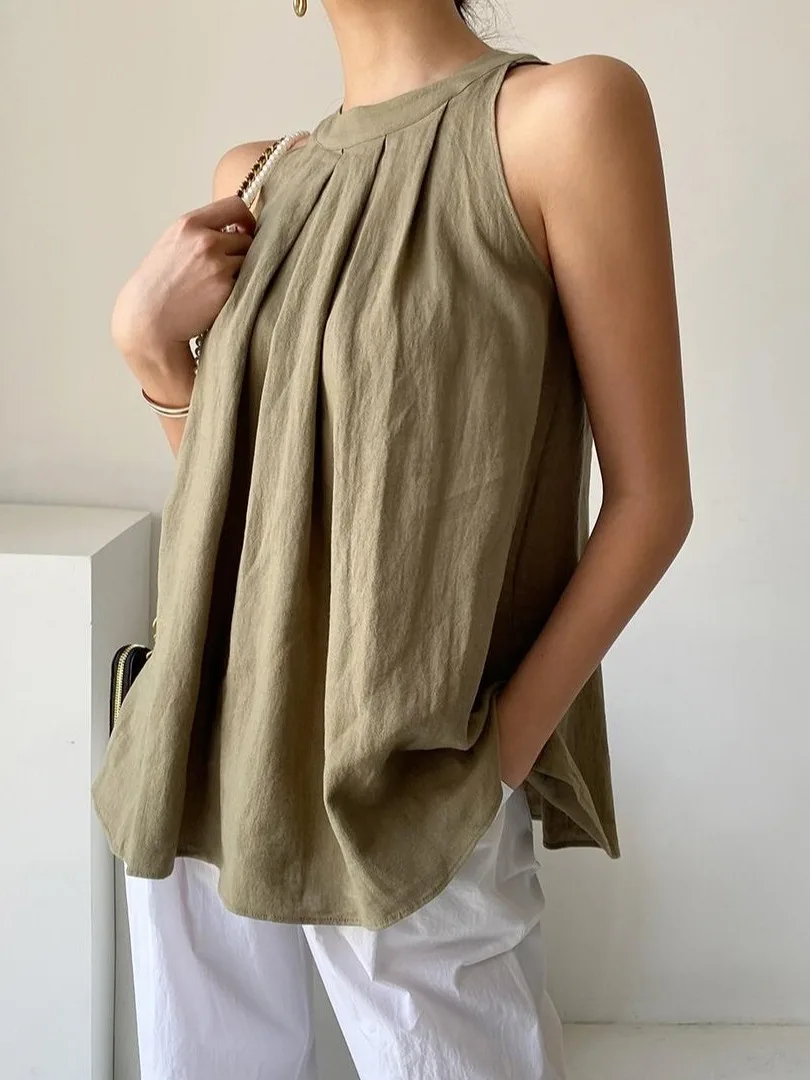 Elegant Summer Vintage Pleated Vest Women's Luxury Loose Sleeveless Top Fashionable round Neck Design Casual Chic Style