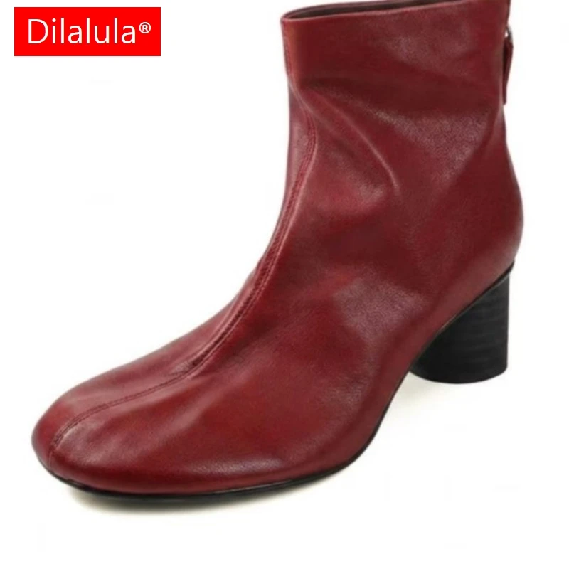 Dilalula 2027 Plus Size Retro Women Cow Leather Short Boots Soft Leather Autumn Winter High Heels Back Zipper Fashion Red Boots