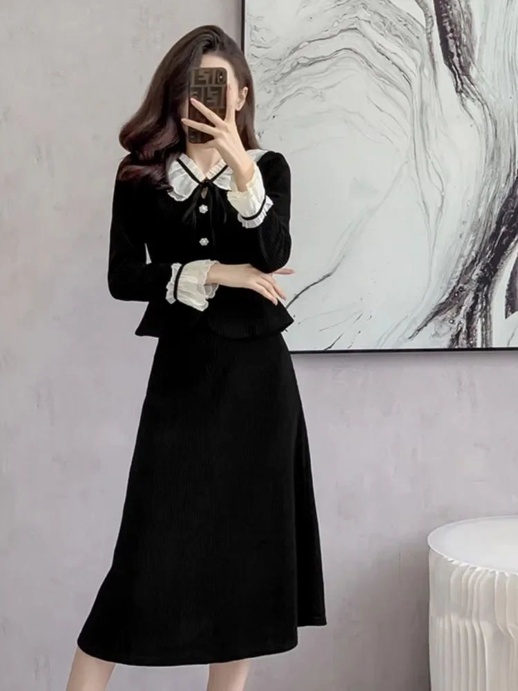 Insozkdg Autumn Winter 2024 New Corduroy Single Breasted Coat Long Skirt Two-Piece Set Fashion Suits Women's Hot Selling Fashion