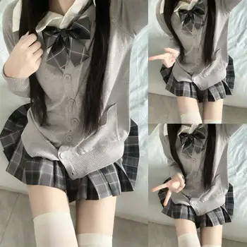 ชุดสเวตเตอร์หลากสีสไตล์เกาหลีและกระโปรงจีบลายตารางหมากรุกชุดยูนิฟอร์ม JK สำหรับผู้หญิง3ชิ้น
