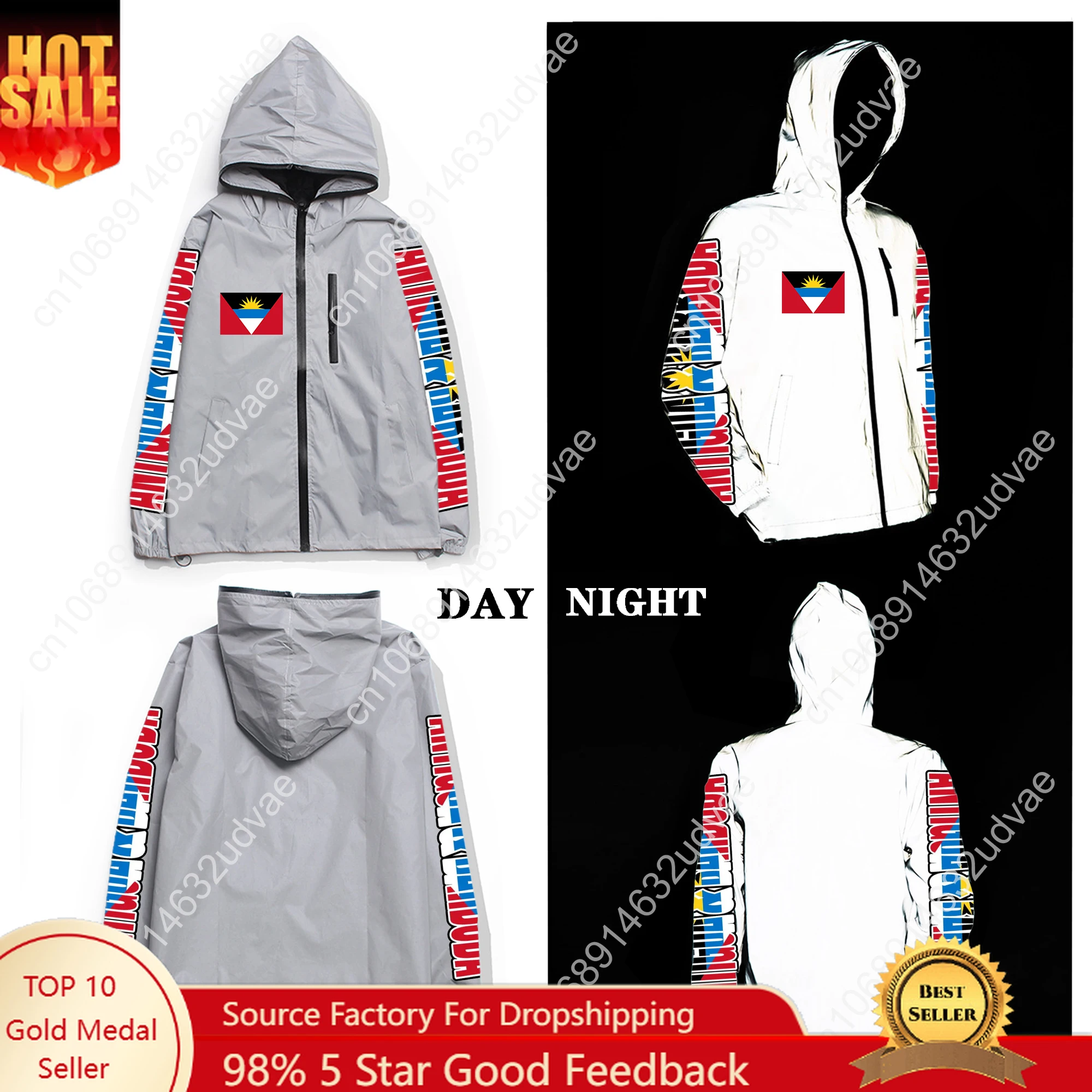 

Antigua and Barbuda Flag Reflective Jacket Mens Womens Coat Hooded Windbreaker Run Jackets Cycling Hiking Zipper Custom Hoodie