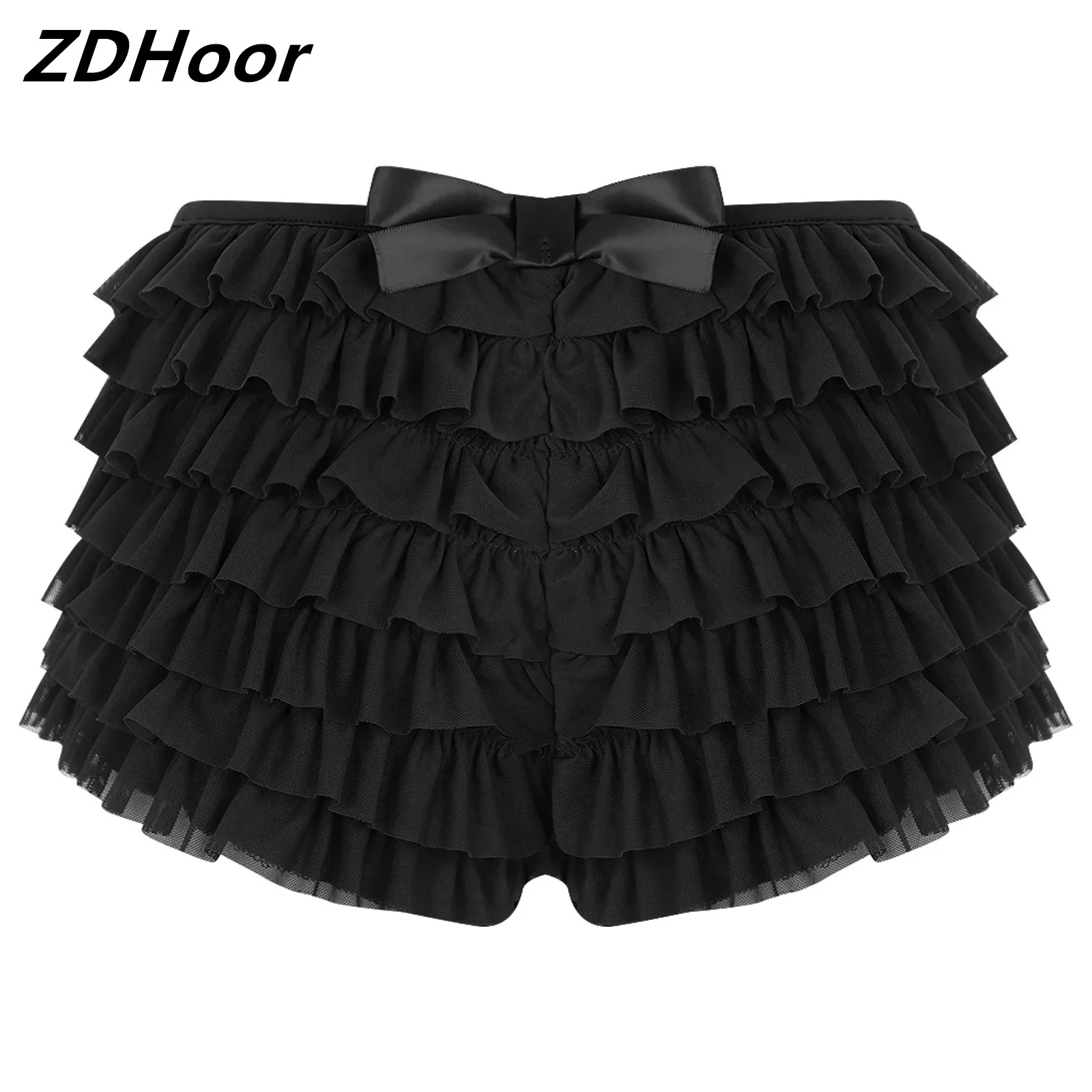 Mesh Ruffled Hot Pants for Womens Elastic Waist Tiered Ruffles Bowknot Shorts Solid Color Underwear Nightwear Clubwear