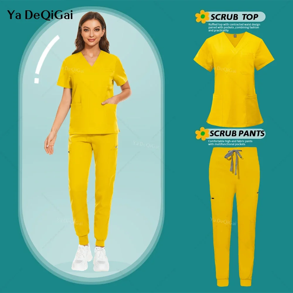 Bright Yellow Uniform Unisex Pockets Top+Pants Nurse Uniforms Hospital Doctor Dental Surgery Workwear Medical Scrubs Sets