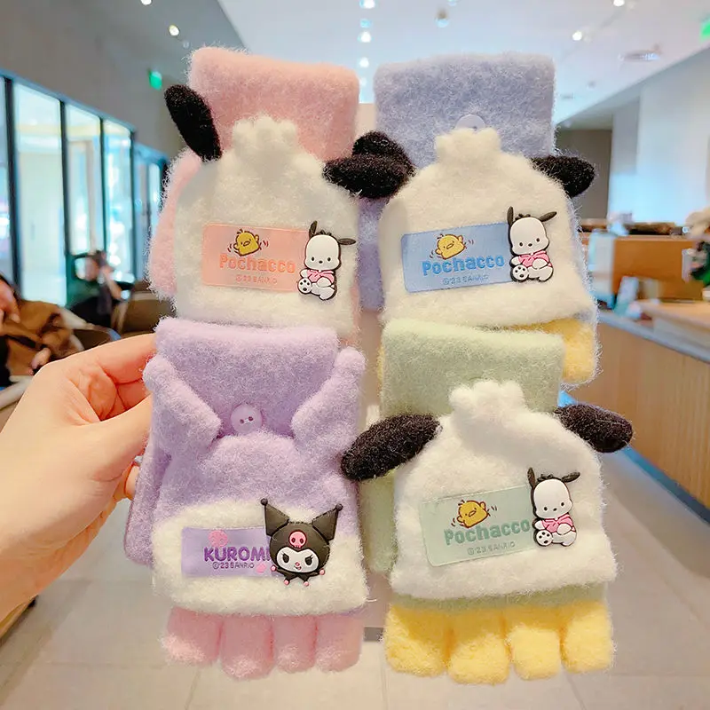 Sanrio children's gloves Kuromi cartoon cute winter warm half-finger exposed touch screen flip male and female students gloves