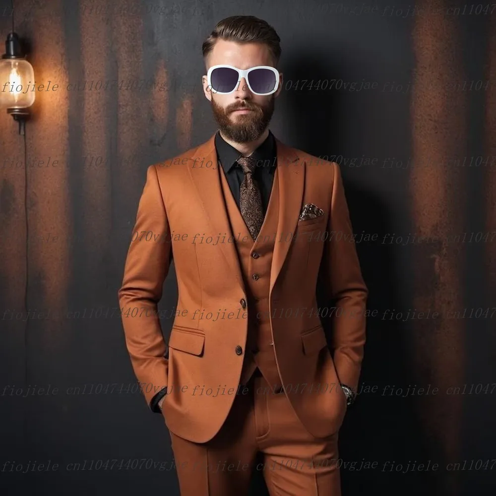 

New Dark Orange Men Suit Formal Wedding Party Groom Groomsman Business Male Tuxedos Customized 3 Piece Set Jacket Vest Pants