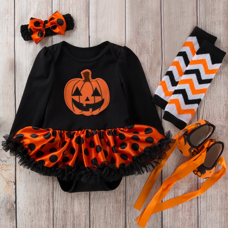 4pcs/Set Newborn Baby Girls Halloween Costume Romper 3 6 12 18 24 Month Dress Bebe Polka Dot Pumpkin Jumpsuit Clothes Outfit Set