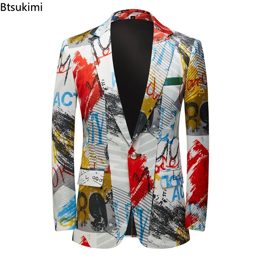 

New Fashion Men's Full Printing Suit Jacket Trend Casual Streetwear Stage Performance Singer Host Costume Handsome Party Blazers