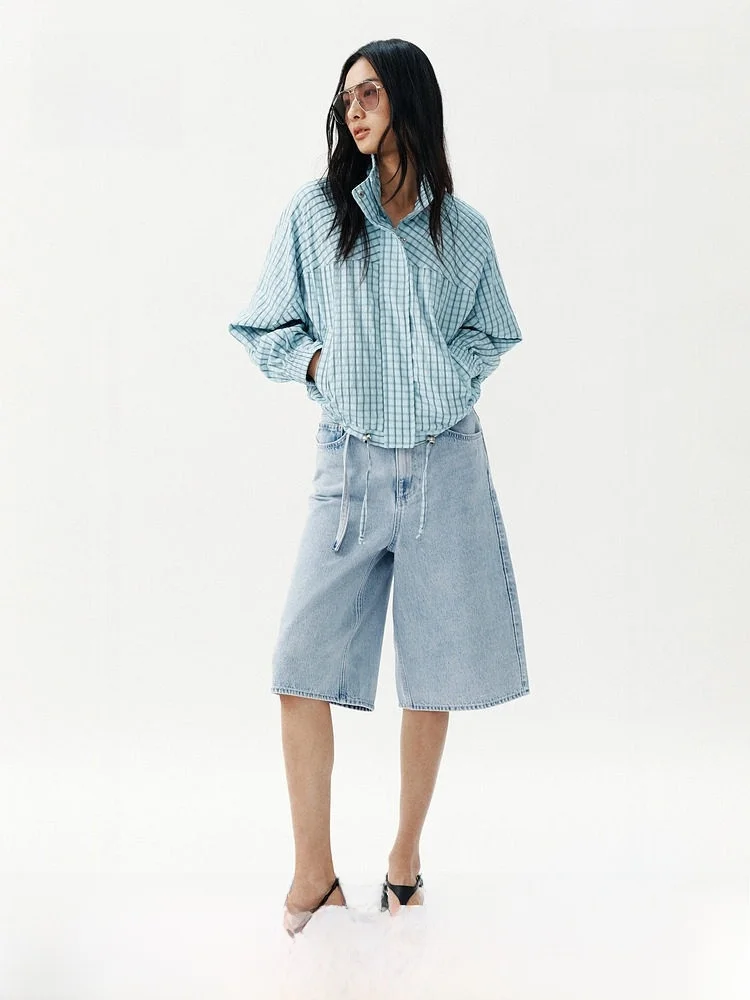 

H&M Summer New Women's Bermuda Shorts with Belt Straight Leg Cotton Low Waist Non Stretch Ladies Jeans Spring Collection