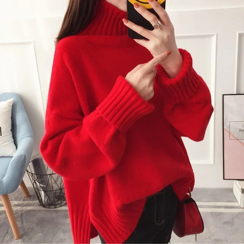 Autumn Women\'s High-Neck knitting Split Sweater Pullover Female Loose Version Thick Warm Sweater Long Sleeves Top Red Clothes