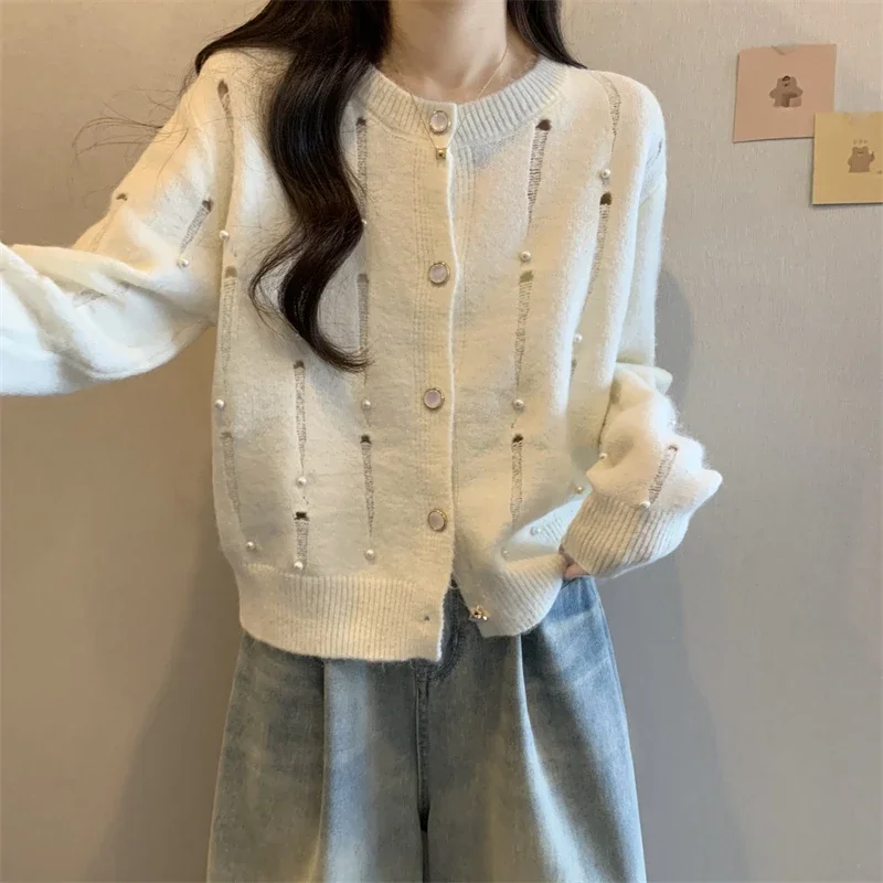 Elegant Cardigans Women Autumn Crop Tender Tops Pearls Свитер Женский Ropa Elegante Para Mujer All-match Daily Various Colors