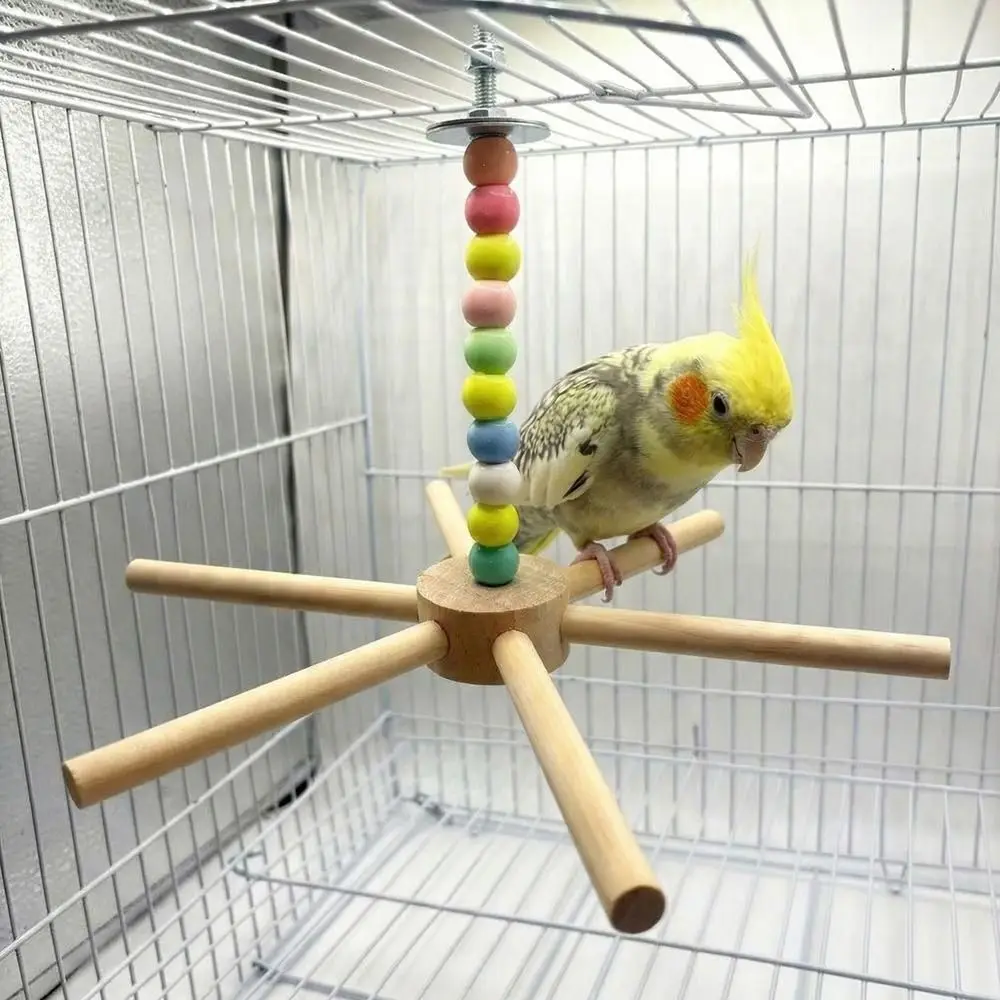 Wood Rotating Bird Perch Colorful Beads Large Size Hanging Bird Stand Detachable Interactive Bird for Parrots Lovebirds