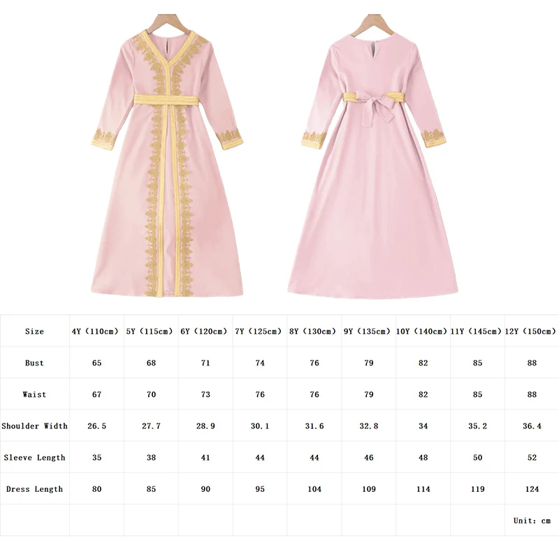  ชุดเดรสเด็กผู้หญิงมุสลิมแบบอาบายะห์ ชุดคลุมแบบอิสลามสไตล์ดูไบ แขนยาว คอวี ชุดละหมาดแบบอาหรับ ชุดคาฟตันพร้อมเข็มขัด ชุดสำหรับงานปาร์ตี้ เสื้อผ้ามุสลิม