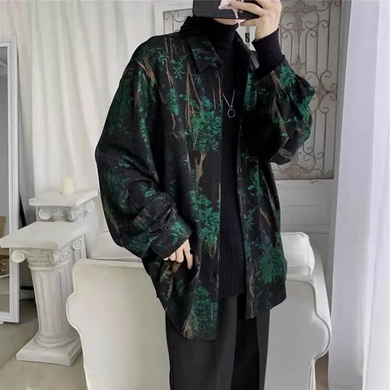 Korean Fashion Long Sleeve Men Streetwear All-match Handsome Stylish Teens Shirt Spring Retro Temperament Hawaiian Men's Shirts