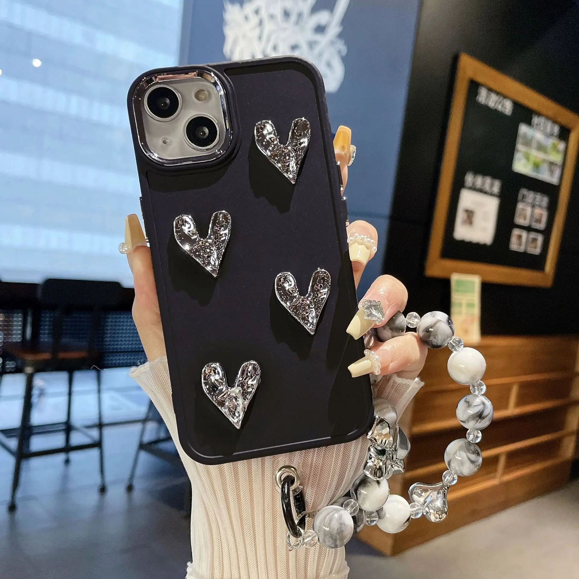 

Silver Heart Phone Cover for Iphone 16 15 14 13 12 11 Pro Max X XR Case Fashion Metal Camera Frame Mobile Phone Protector Shell
