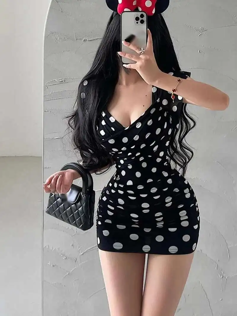 Desire Sexy Pure V-hals Laag Uitgesneden Geplooide Mesh Polka Dot Korte Mouw Jurk Elegante Korte T-shirt Mini Jurk Sexy Vrouwen top LDB7