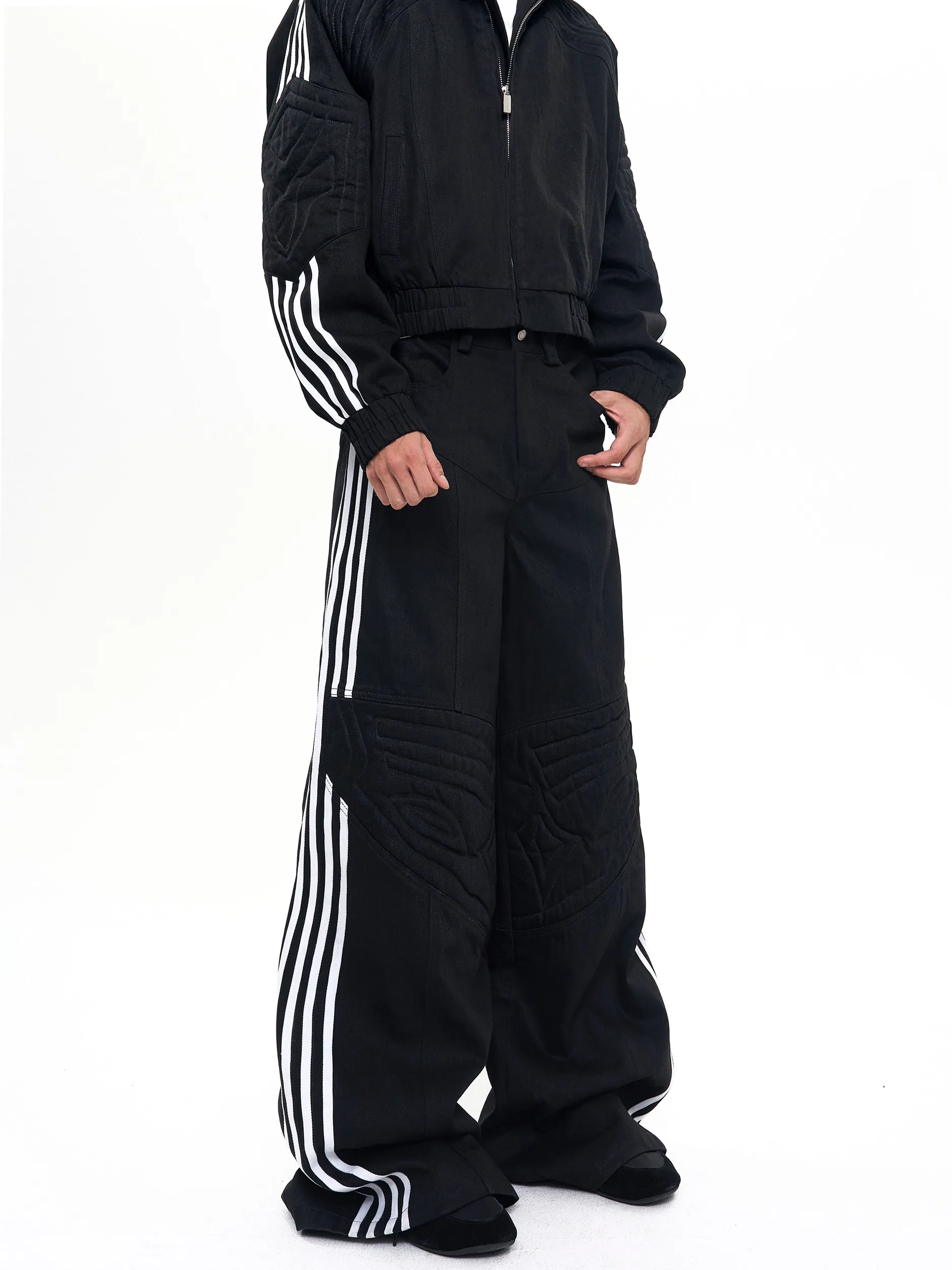 

Vintage Bla Original Denim Jeans Men's Autumn High Waist Patchwork Wide Leg Floor-Length Pants Four Stripe Design Breathable