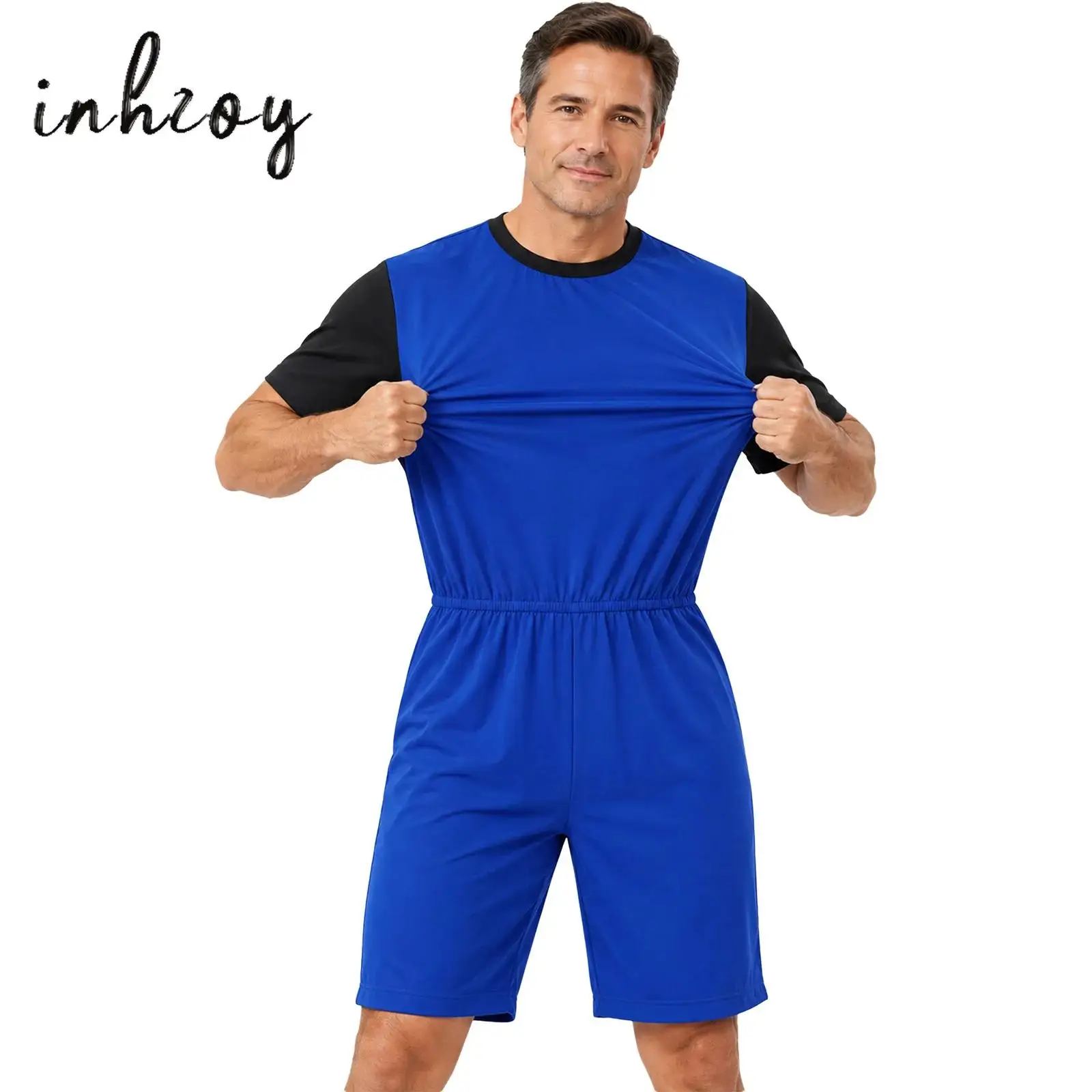Unisex Men Women Zipper Anti-strip Adaptive Jumpsuit Short Sleeve Elastic Waist Thigh Length Color-blocked Bodysuit with Pockets