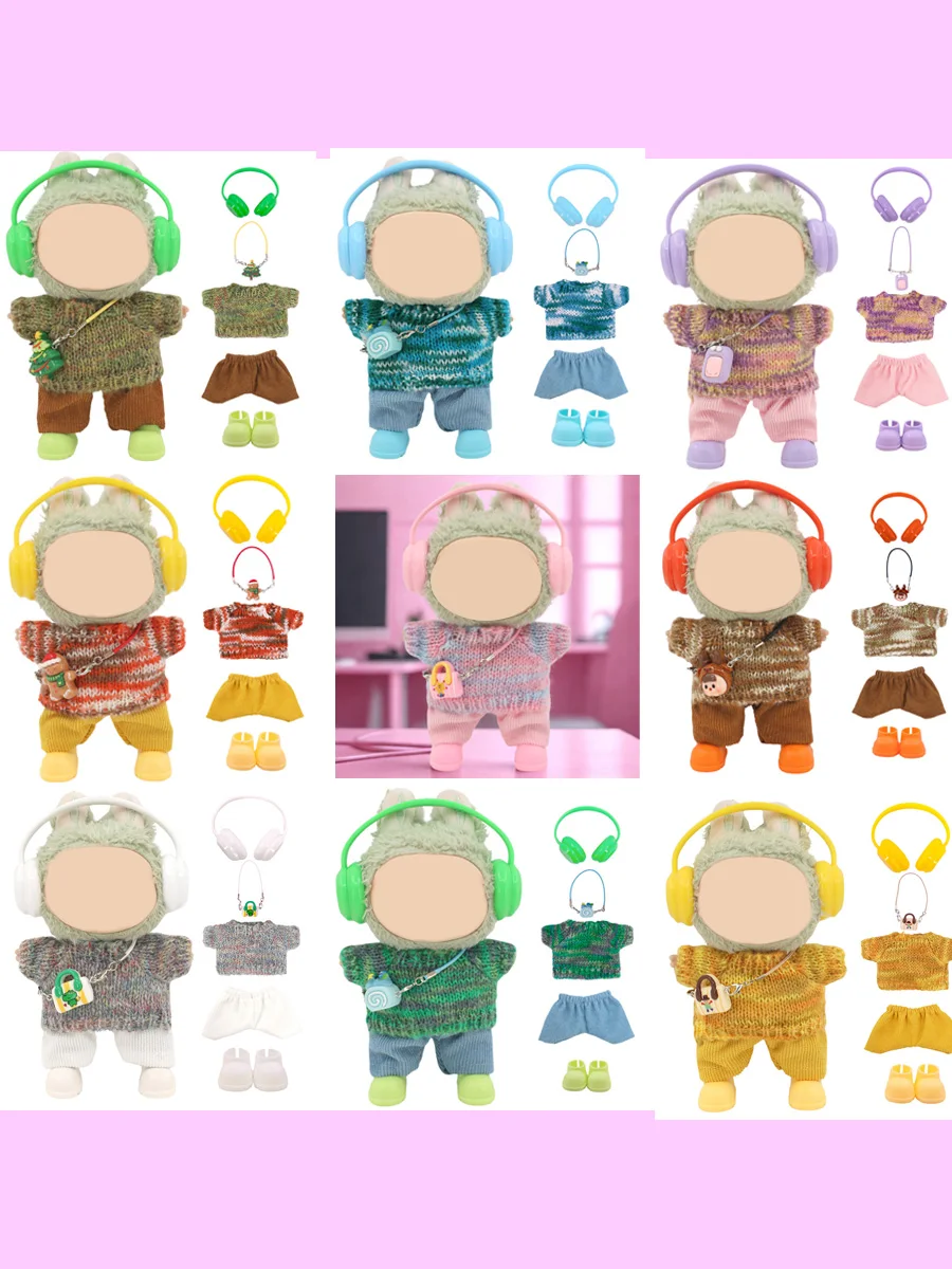 Zestaw akcesoriów dla lalek Labubu 17 cm: sweter z efektem gradientu kolorów, lekkie welurowe spodnie, symulacja wisiorka, słuchawki, buty.
