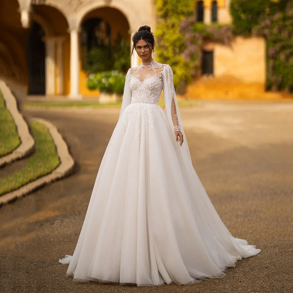 Robe de Mariée Boho à Manches sulfet Appliques en Dentelle, Tenue avec Cape, Col Haut, Ligne A, Icide, pour Patients de Plage, Quelle que soit la Princesse