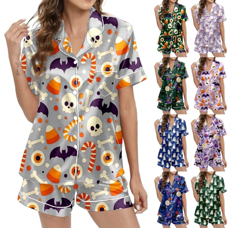 Women's Halloween Pajama Pumpkin Print Milk Silk Brushed Button down Lounge Sleepwear Y1AC