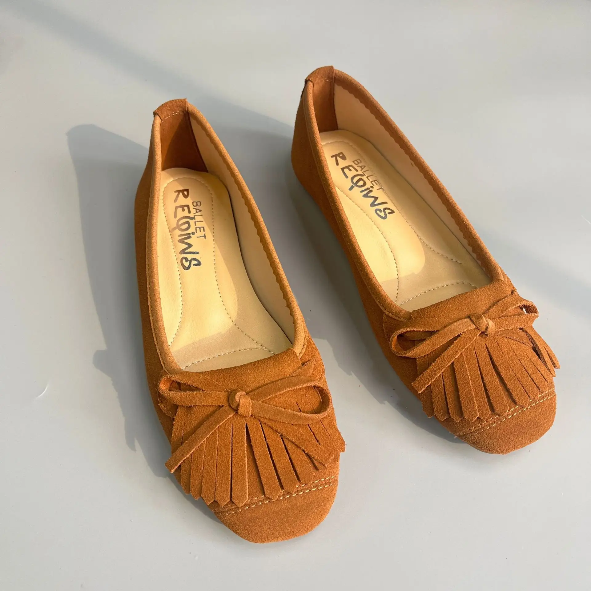 French Bow Tassel Suede Square Head Shallow Mouth Flat Bottom Women's Shoes Ballet Dance Shoes Casual Genuine Leather Bean Shoes