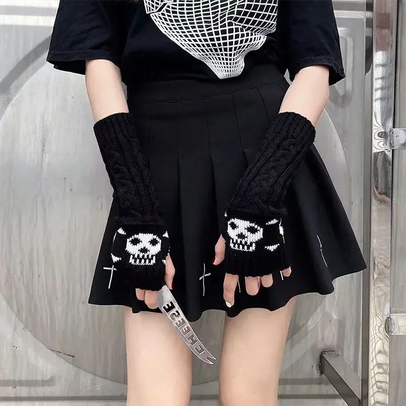 Gothic Girls Knitted Skull Gloves Men Women Dark Ninja JK Cos Cool Emo Punk Elbow Length Arm Warmers Hipster Black Long Mittens