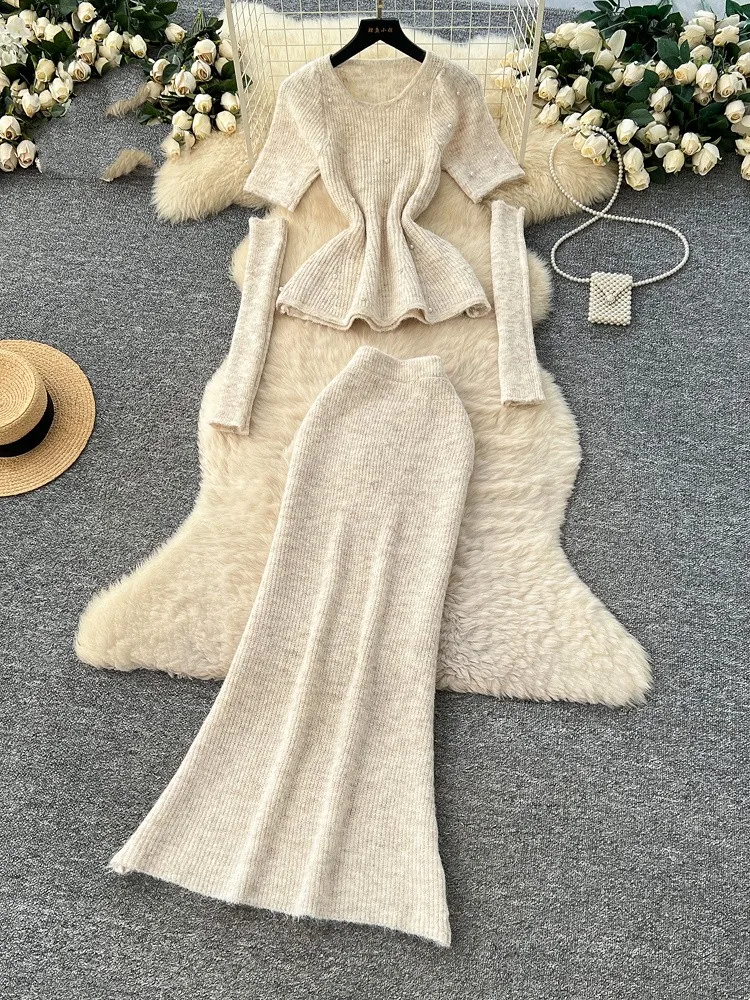 Setelan Sweater Kasmir Streetwear Wanita dengan Hiasan Manik-Manik, Atasan Rajut Oversleeve + Rok Panjang Elastis, Set Rajut Mutiara костюм