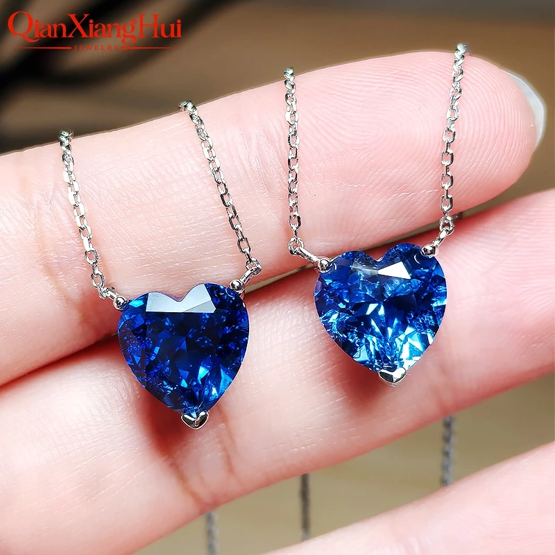925 Silver Heart Shape 4.6ct 10*10mm Royal Blue Cornflower Blue Lab Grown Created Sapphire Inclusions Jewelry Pendant Necklace