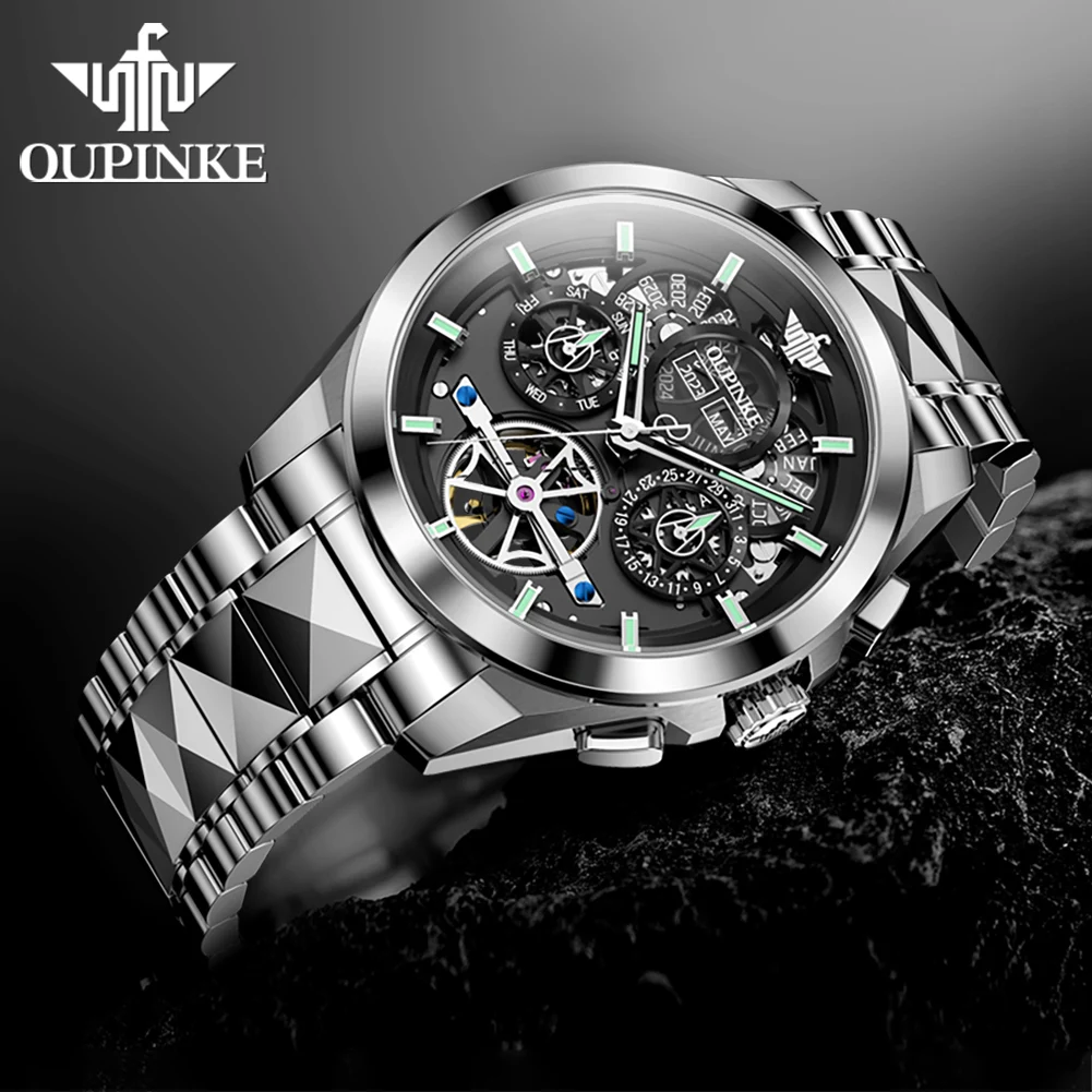 OUPINKE 3233 Luxury Men's Automatic Mechanical Watches Original Tungsten Steel Hollow Flywheel Multi Function Business Man Watch