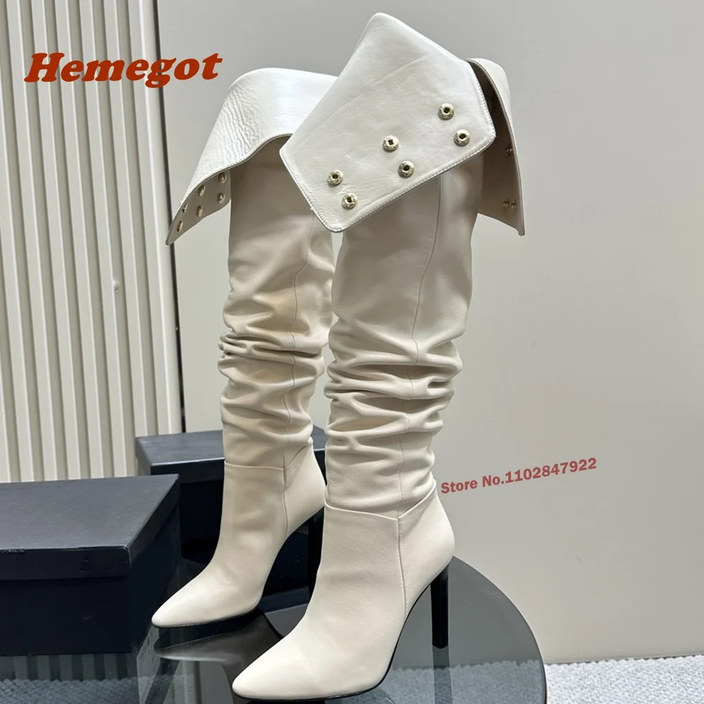 White Rivet Over The Knee Boots Pointy Toe Thin High Heels Winter Boots for Female Pleated Real Leather Solid Luxury Shoes Sexy