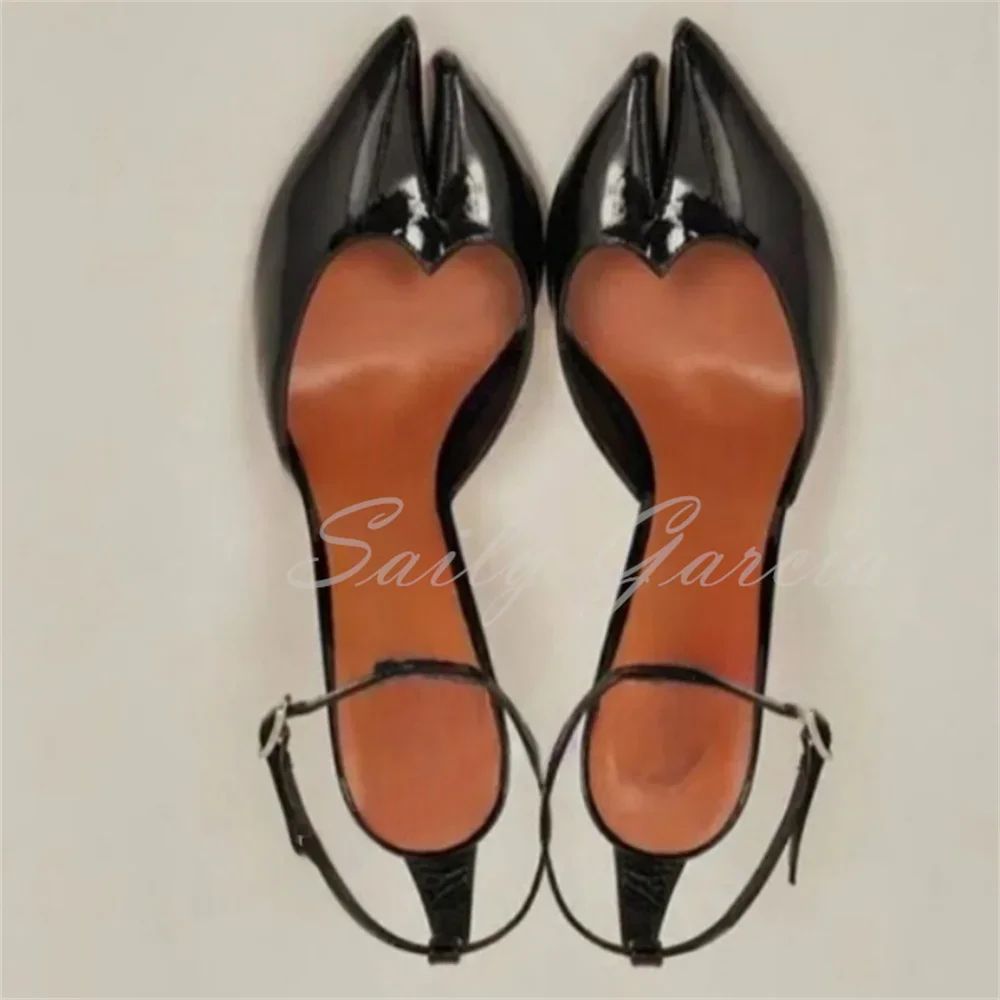 

Black Split Toe High Heel Women Pointed Toe Patent Leather Stiletto Heel Slingback Buckle Strap Sexy Luxury Party Dress Pumps