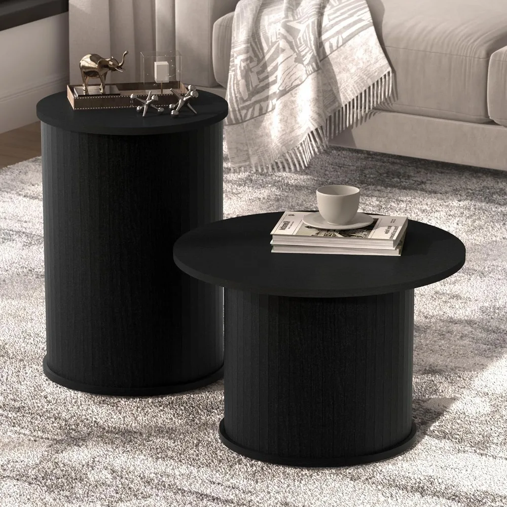 

Set of 2 Round Nesting Coffee Tables for Living Room, Fluted Circle Black Wood Coffee and End Table Sets for Apartment, Small Sp
