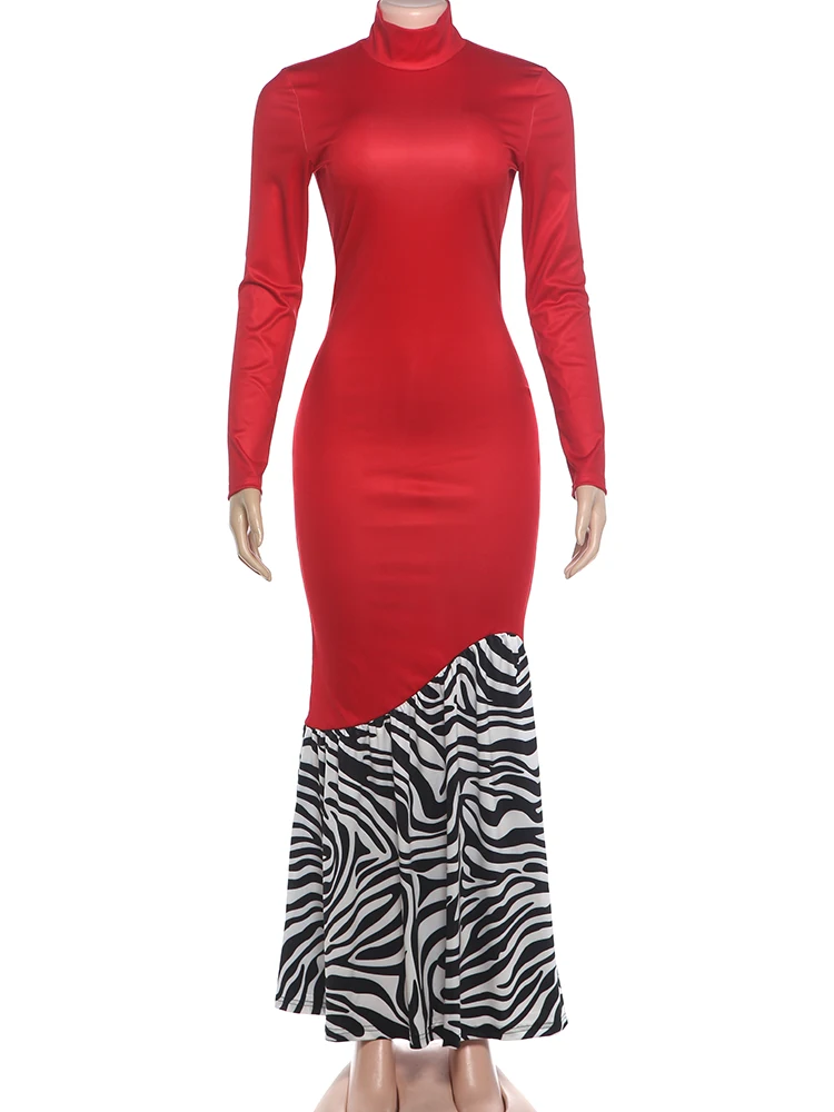 Weird Puss Leoparden-Patchwork-Langes Kleid für Damen, Herbst-Trend, O-Ausschnitt, lange Ärmel, hohe Taille, figurbetont, pfirsichfarben, eleganter Stil, Vestidos – Detail 3