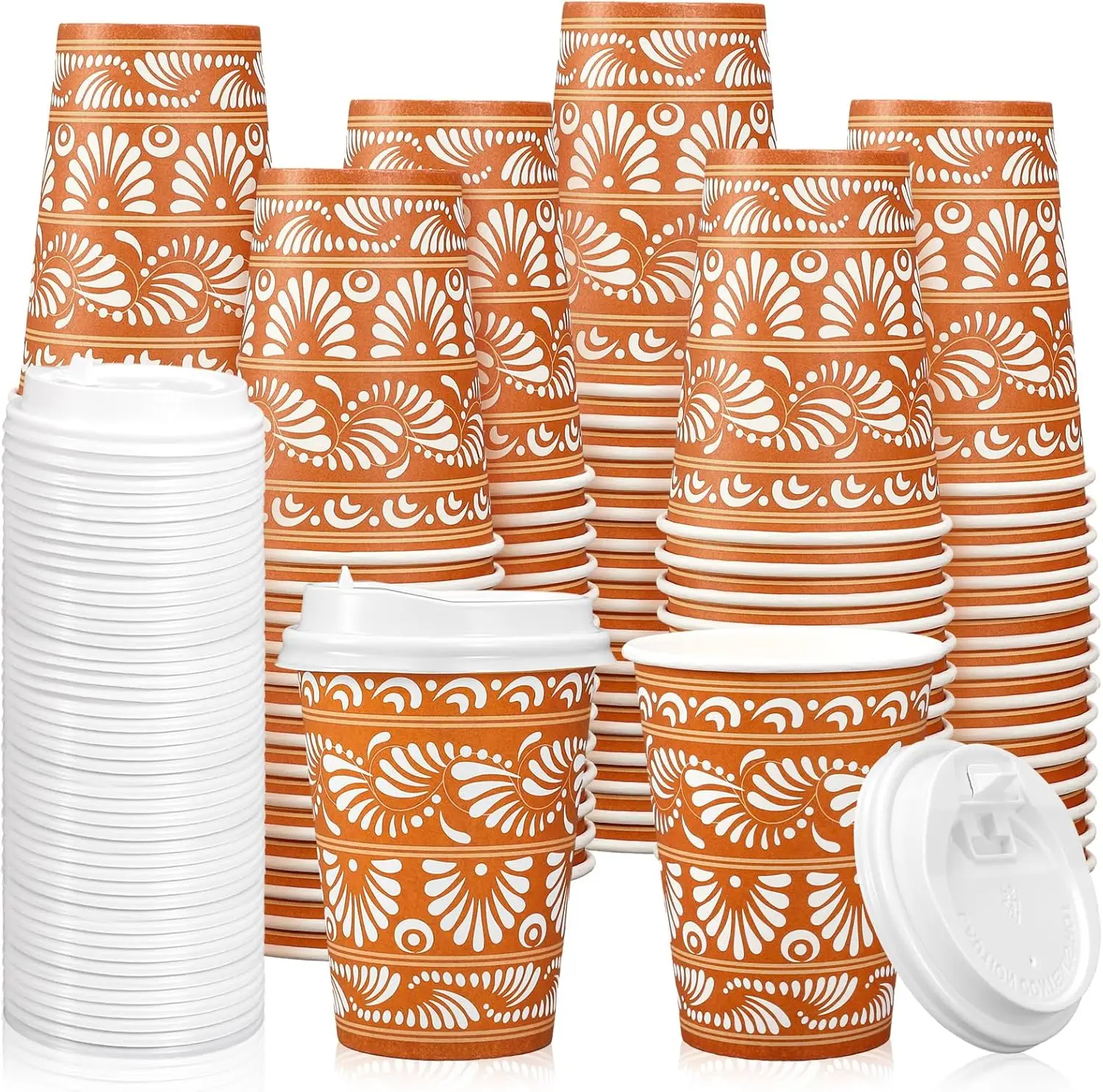 

50 Sets Cielito Lindo Coffee Cups with Lids 12oz Mexican Paper Cup Brown White Floral Disposable To Go Coffee Cup for Ci